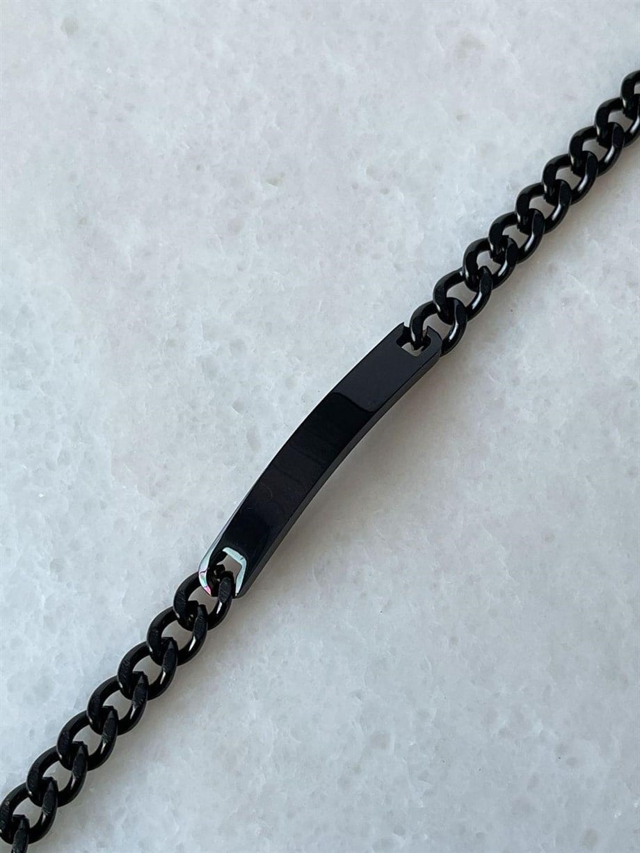 Çelik Siyah İsim Yazdırılabilir Künye Bileklik (21 Cm)