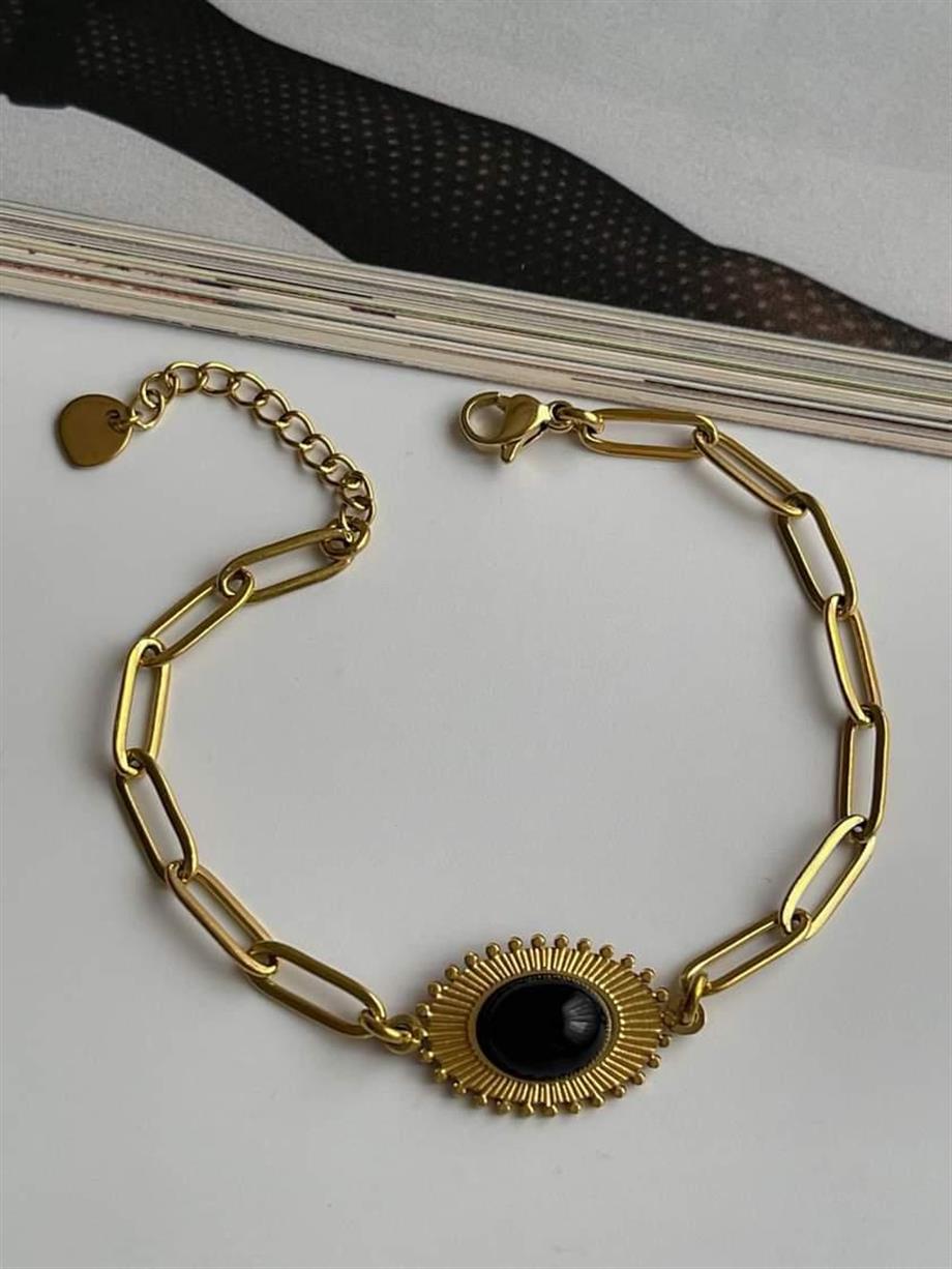 Çelik Siyah Taşlı Bileklik (21 Cm)