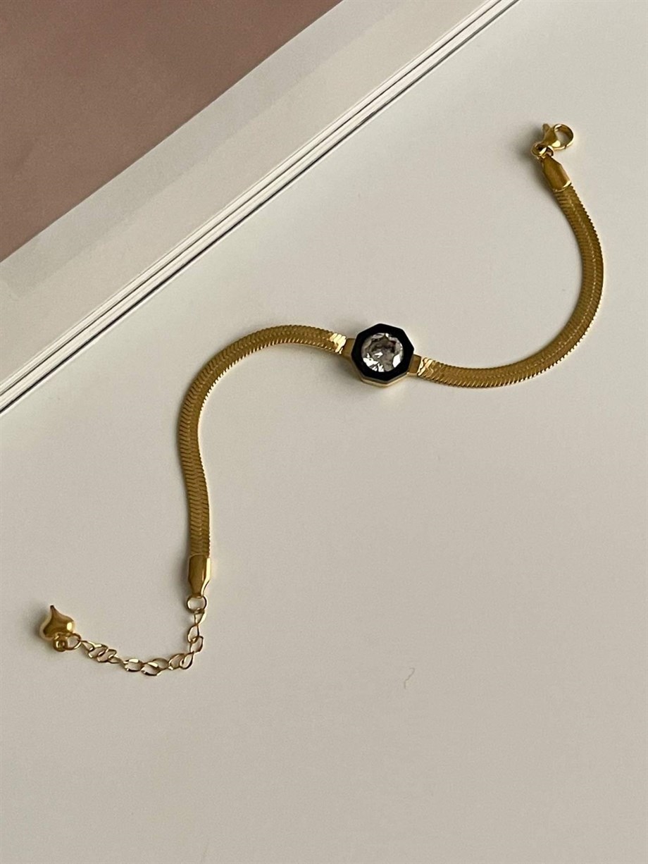 Çelik Siyah Taşlı İtalyan Zincir Bileklik (22 Cm)