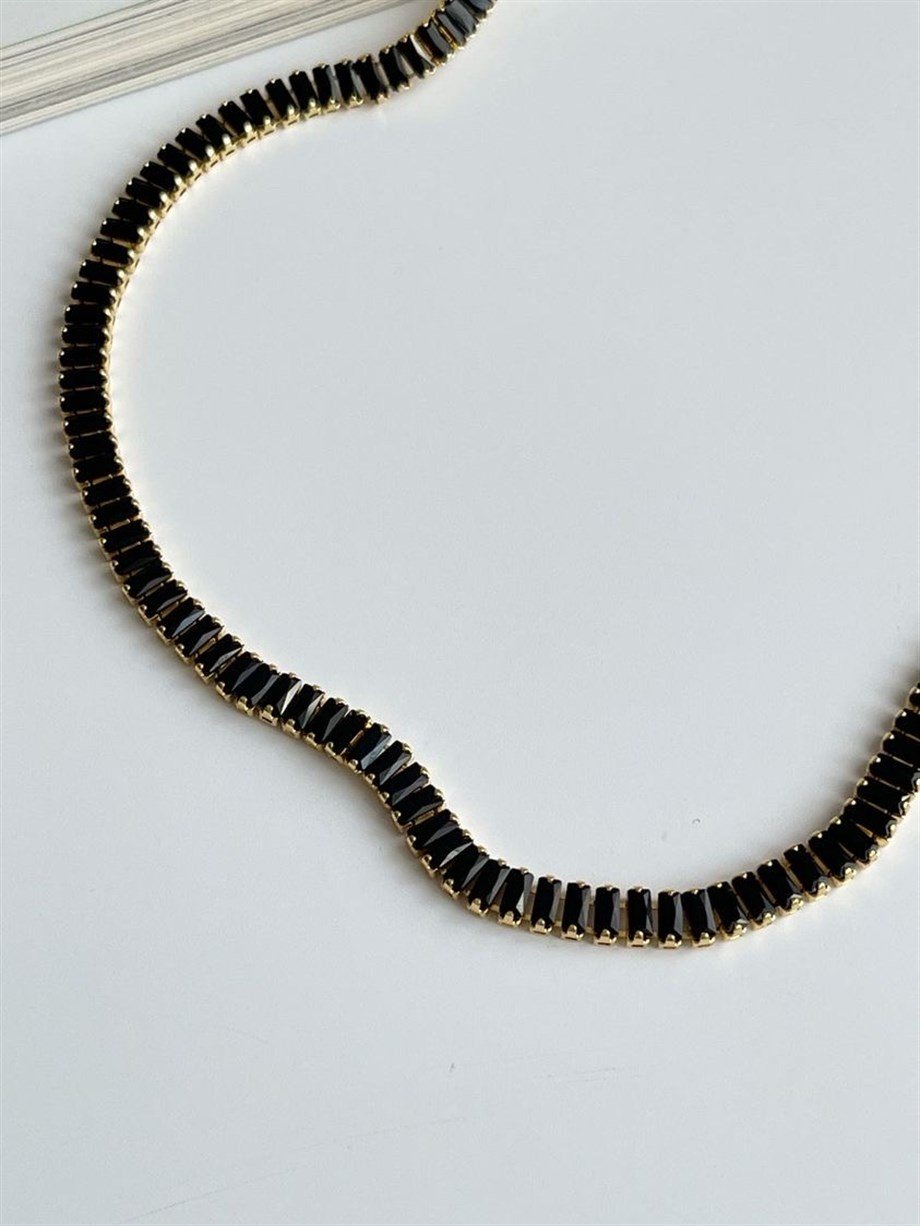 Çelik Siyah Taşlı Lena Kolye (45 Cm)