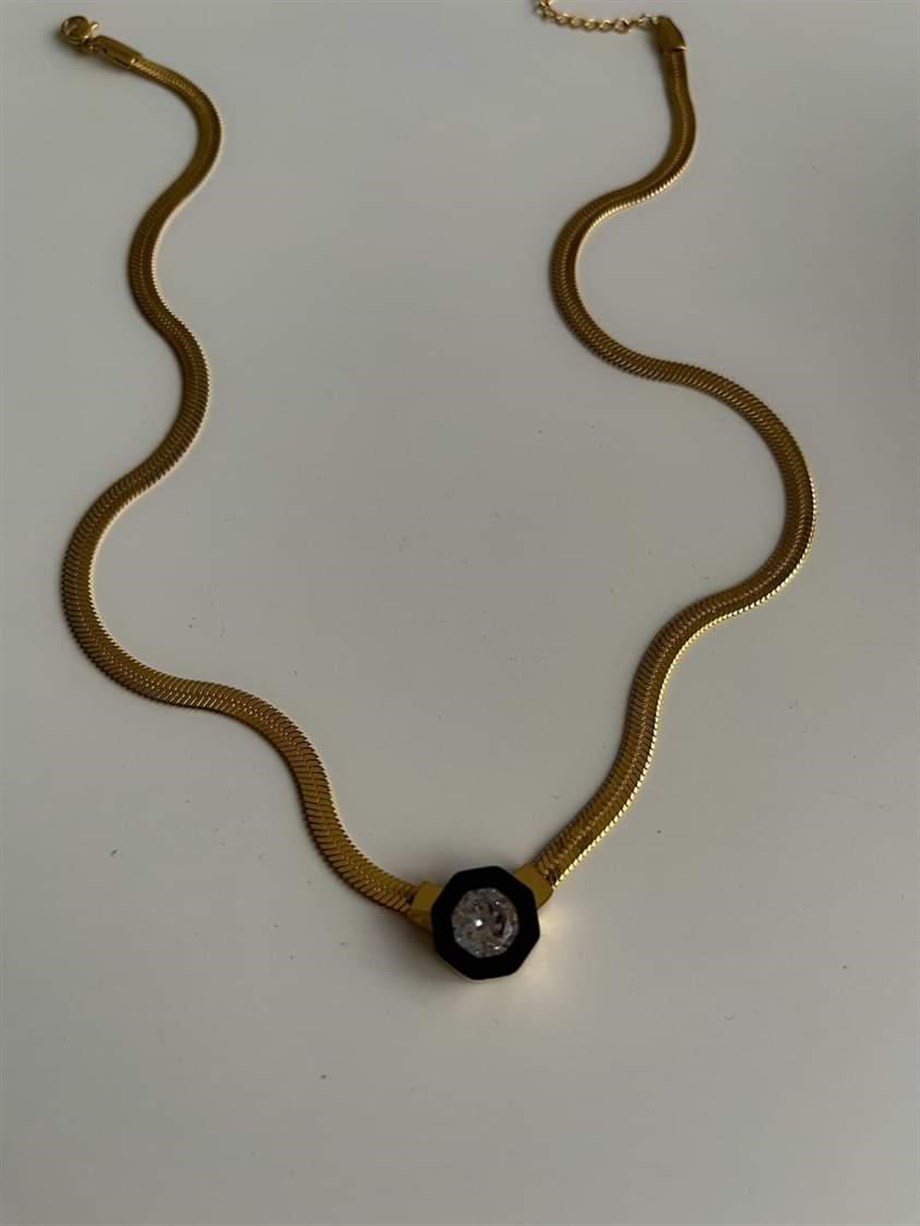 Çelik Siyah Taşlı Marka Model İtalyan Zincirli Kolye (46 Cm)