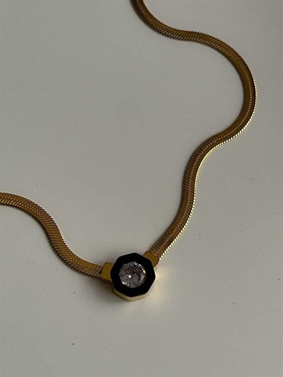 Çelik Siyah Taşlı Marka Model İtalyan Zincirli Kolye (46 Cm)