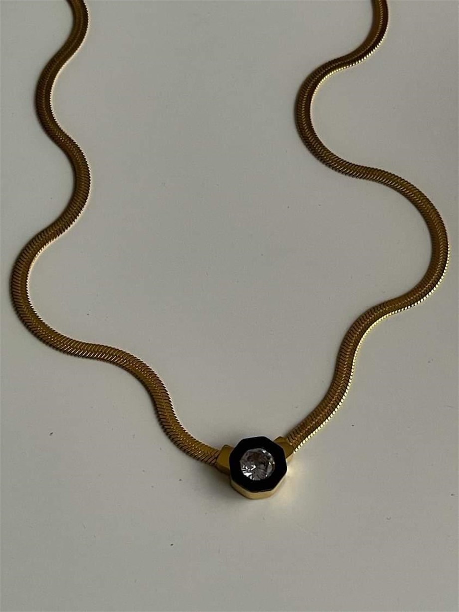 Çelik Siyah Taşlı Marka Model İtalyan Zincirli Kolye (46 Cm)