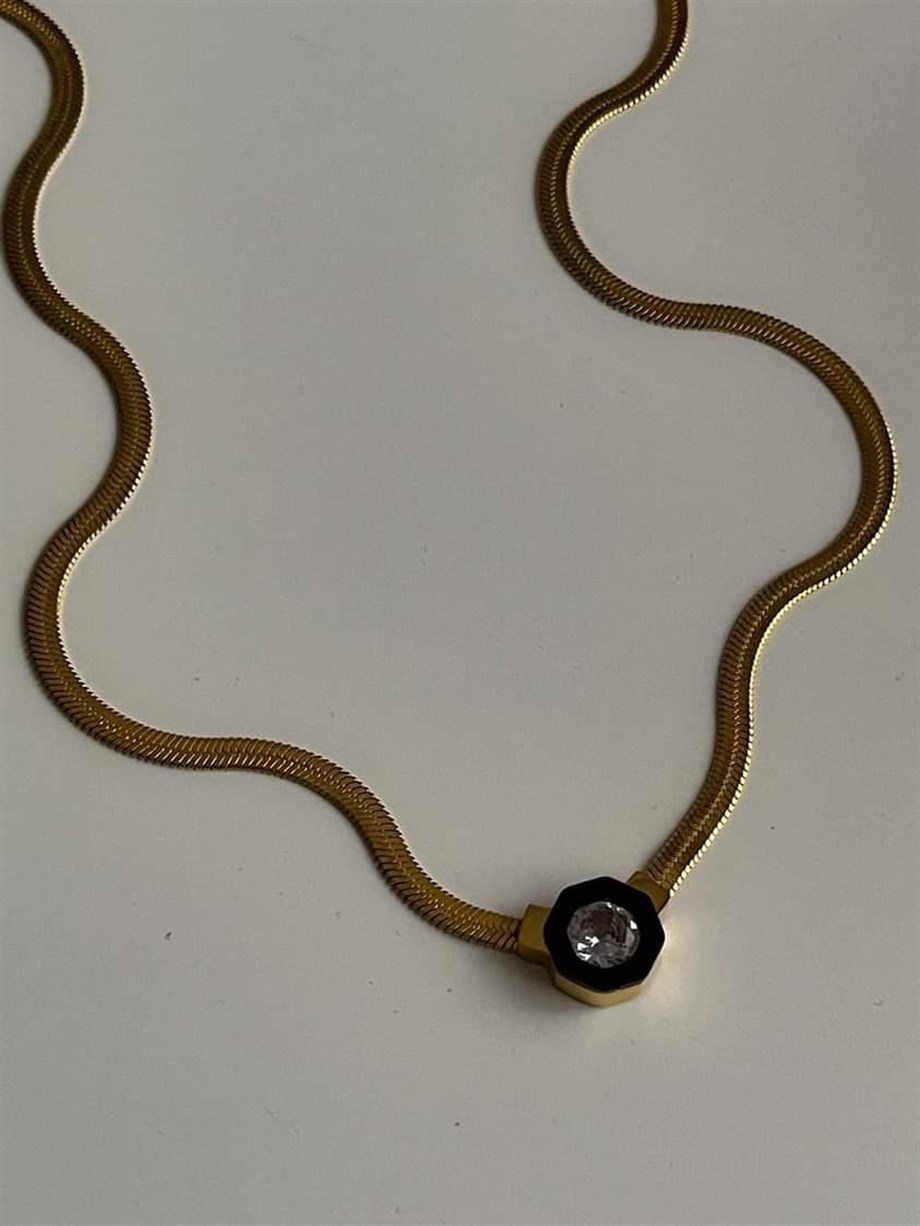 Çelik Siyah Taşlı Marka Model İtalyan Zincirli Kolye (46 Cm)