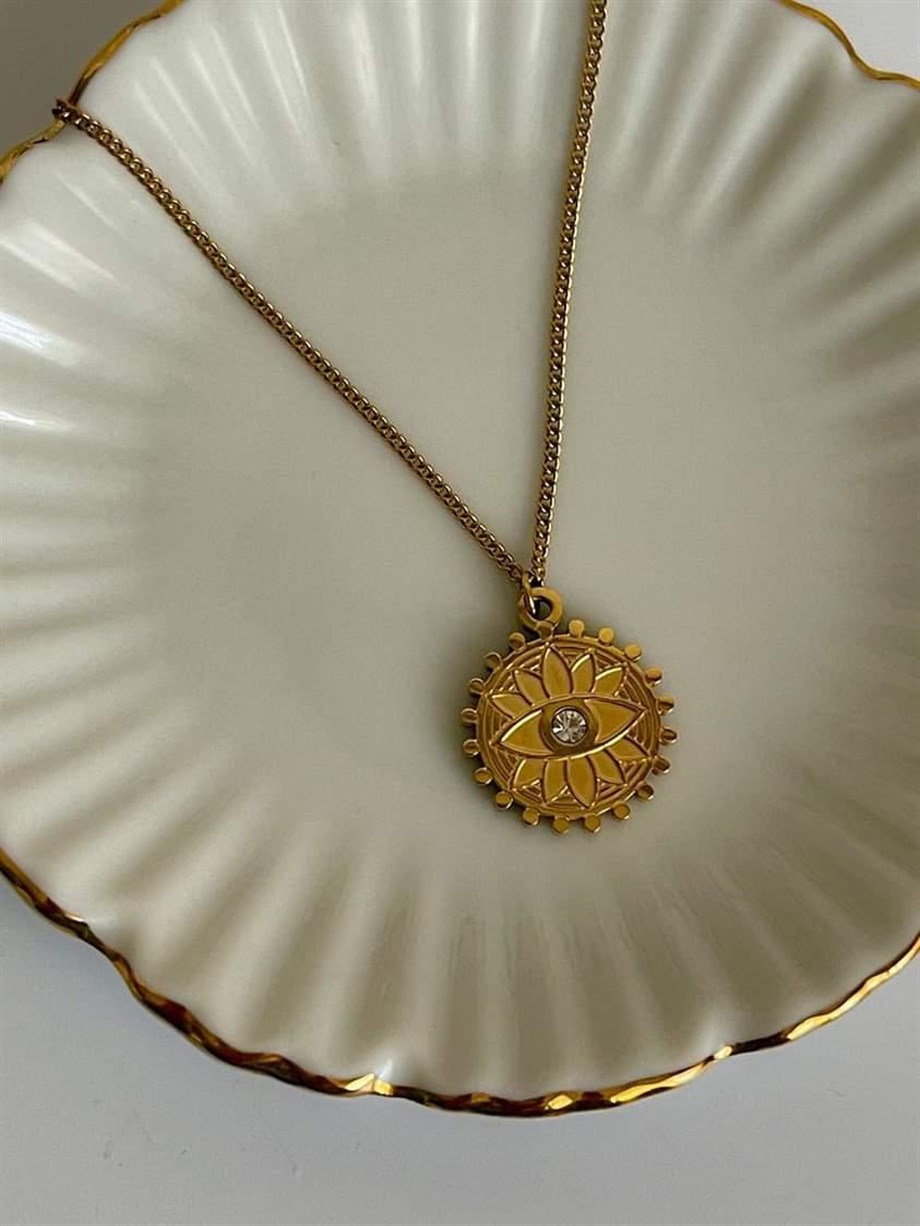 Çelik Tek Taşlı Göz Detaylı Madalyon Kolye (46 Cm)