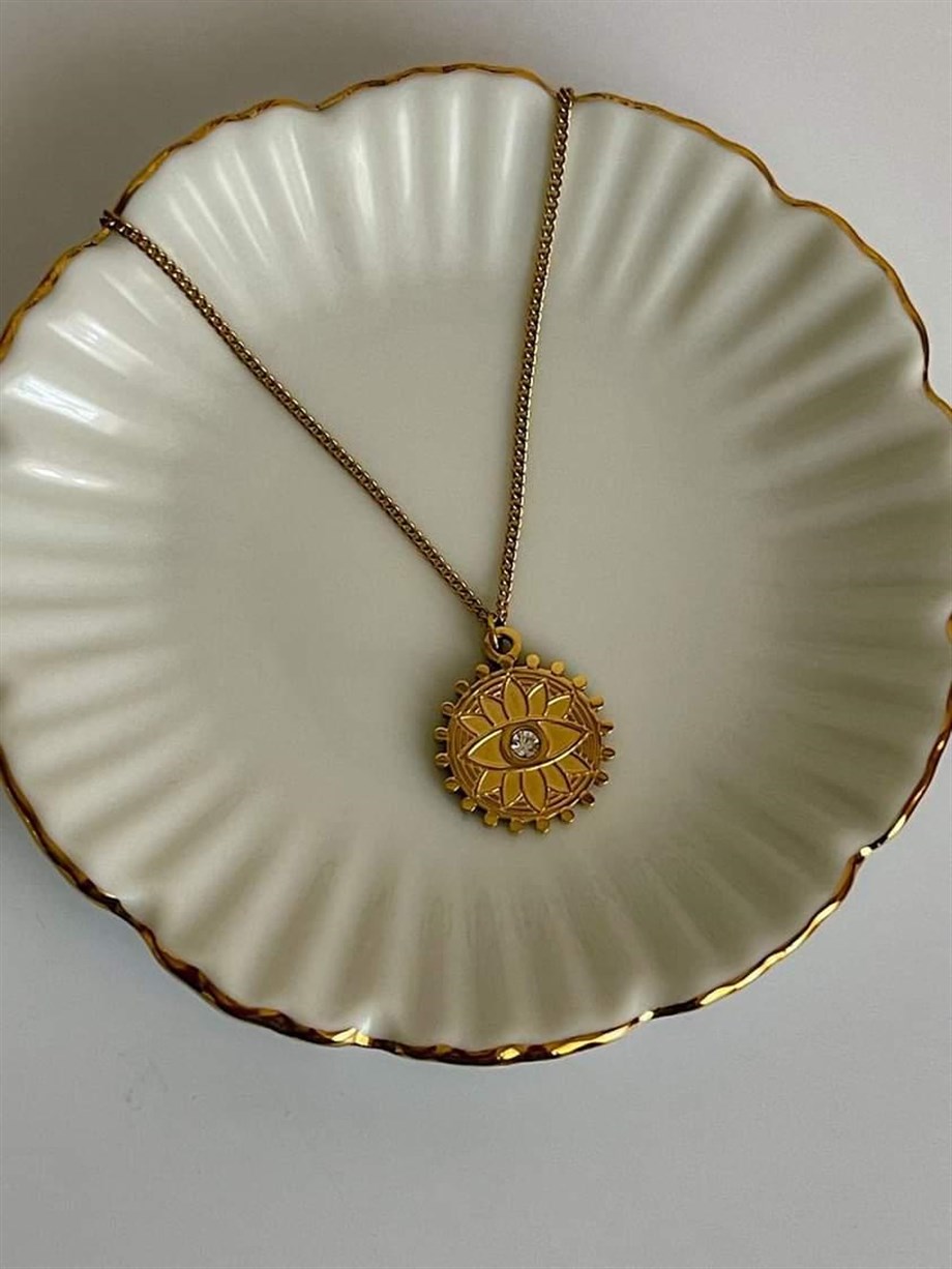 Çelik Tek Taşlı Göz Detaylı Madalyon Kolye (46 Cm)