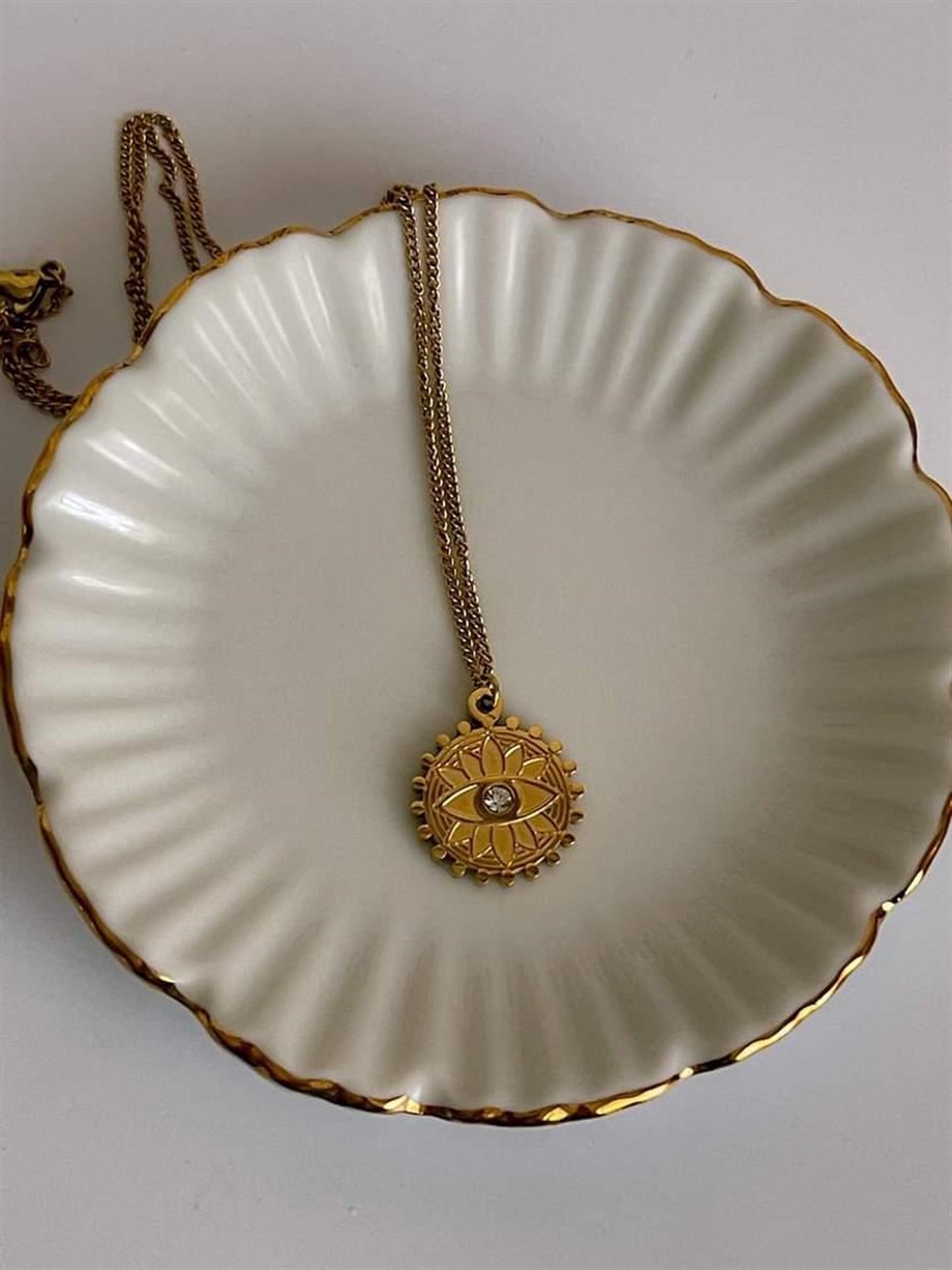 Çelik Tek Taşlı Göz Detaylı Madalyon Kolye (46 Cm)