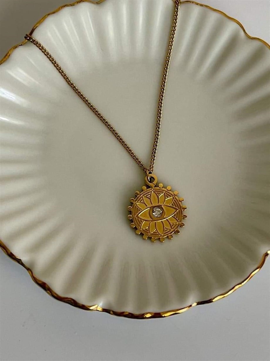 Çelik Tek Taşlı Göz Detaylı Madalyon Kolye (46 Cm)