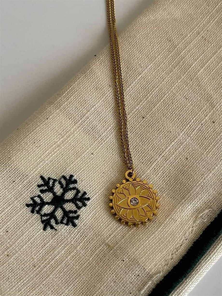Çelik Tek Taşlı Göz Detaylı Madalyon Kolye (46 Cm)