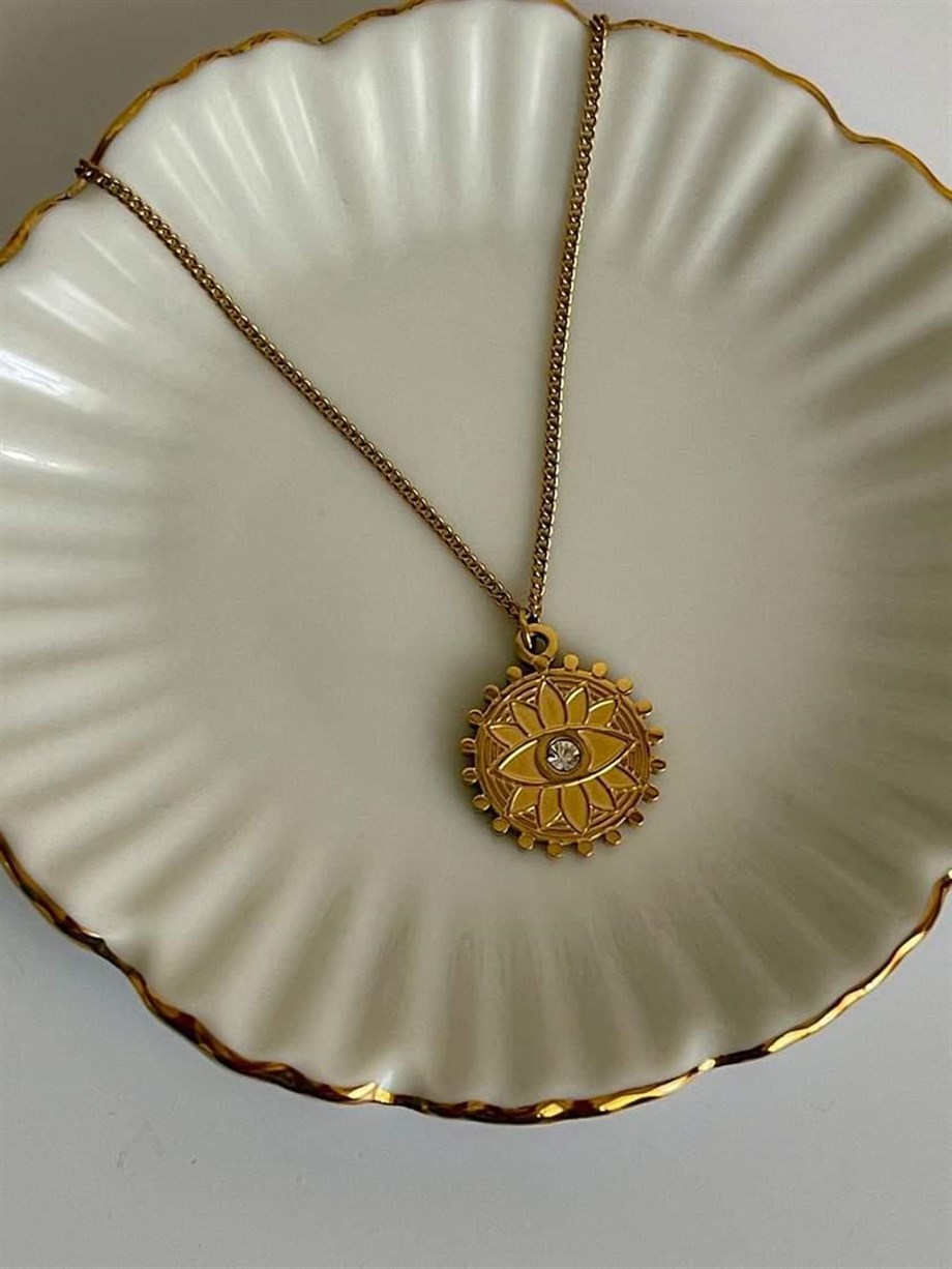 Çelik Tek Taşlı Göz Detaylı Madalyon Kolye (46 Cm)