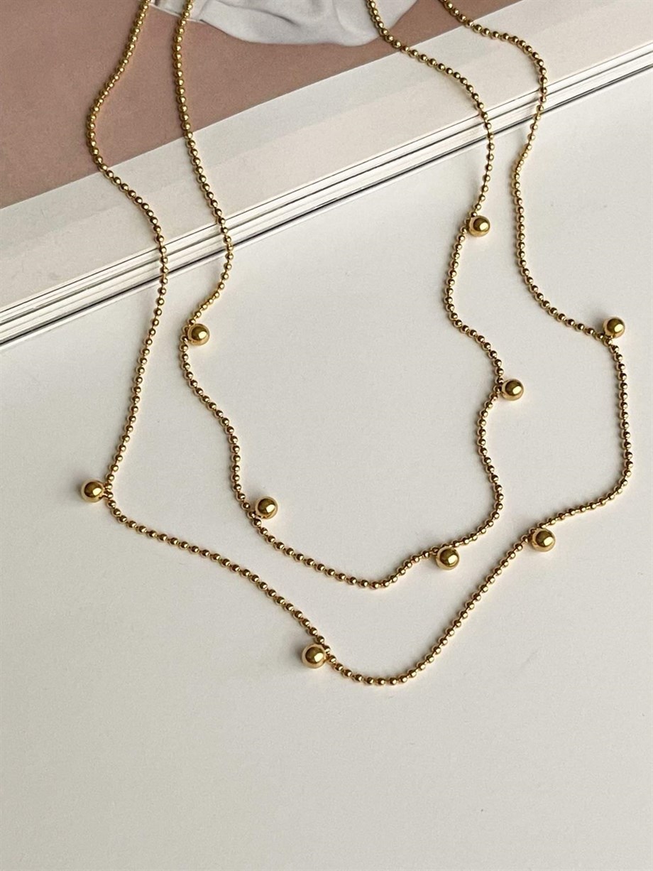 Çelik Topçuklu İkili Birleşik Kombin Kolye (45 Cm)