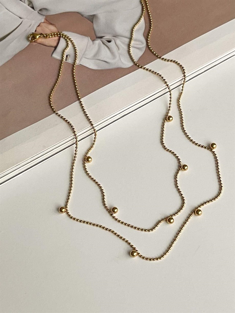 Çelik Topçuklu İkili Birleşik Kombin Kolye (45 Cm)