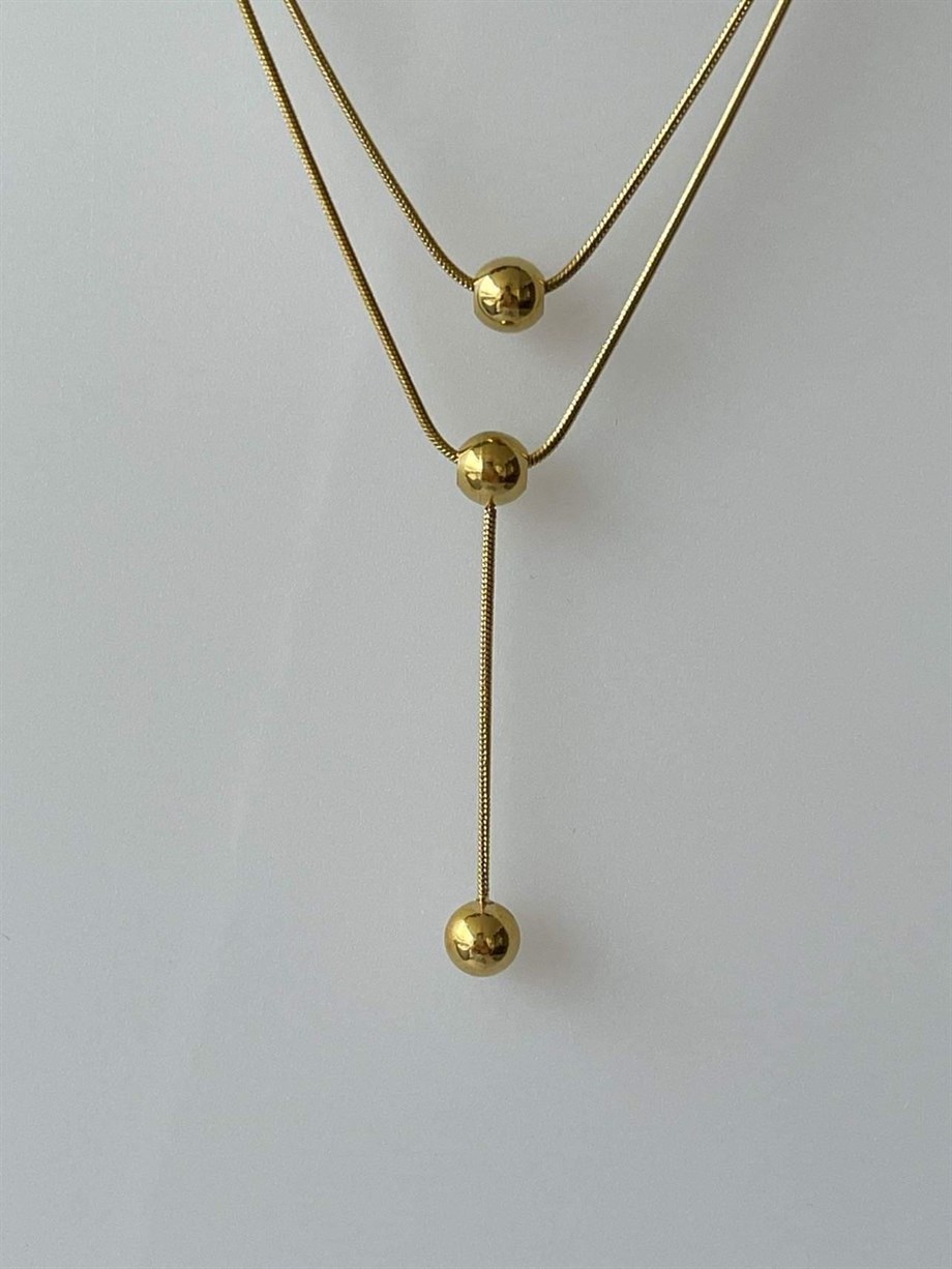 Çelik Topçuklu İkili Minimal Kombin Kolye (44 Cm)