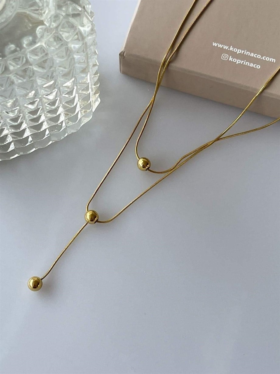 Çelik Topçuklu İkili Minimal Kombin Kolye (44 Cm)