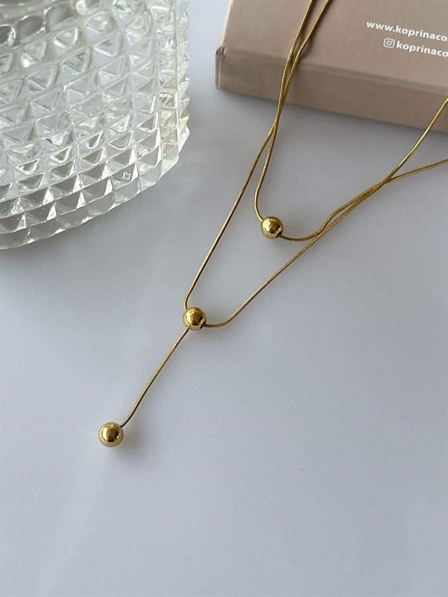 Çelik Topçuklu İkili Minimal Kombin Kolye (44 Cm)