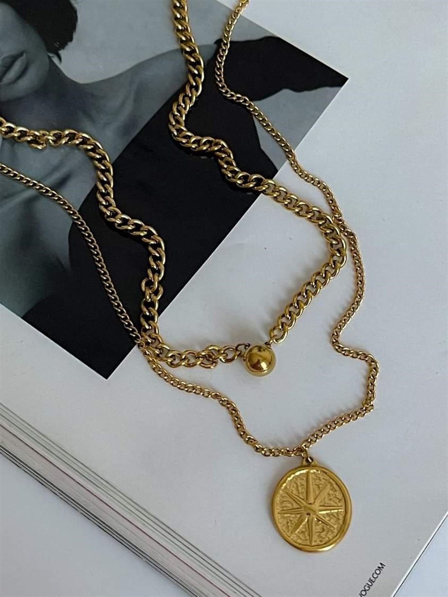 Çelik Topçuklu Madalyon Uçlu İkili Birleşik Kombin Uzun Kolye (60 Cm)