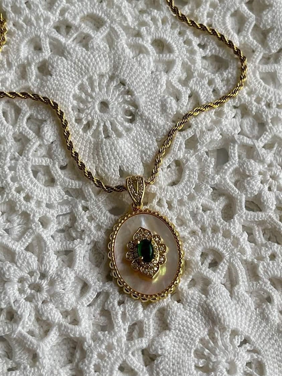 Çelik Vintage Burgu Halat Yeşil Taşlı Kolye (48 Cm)