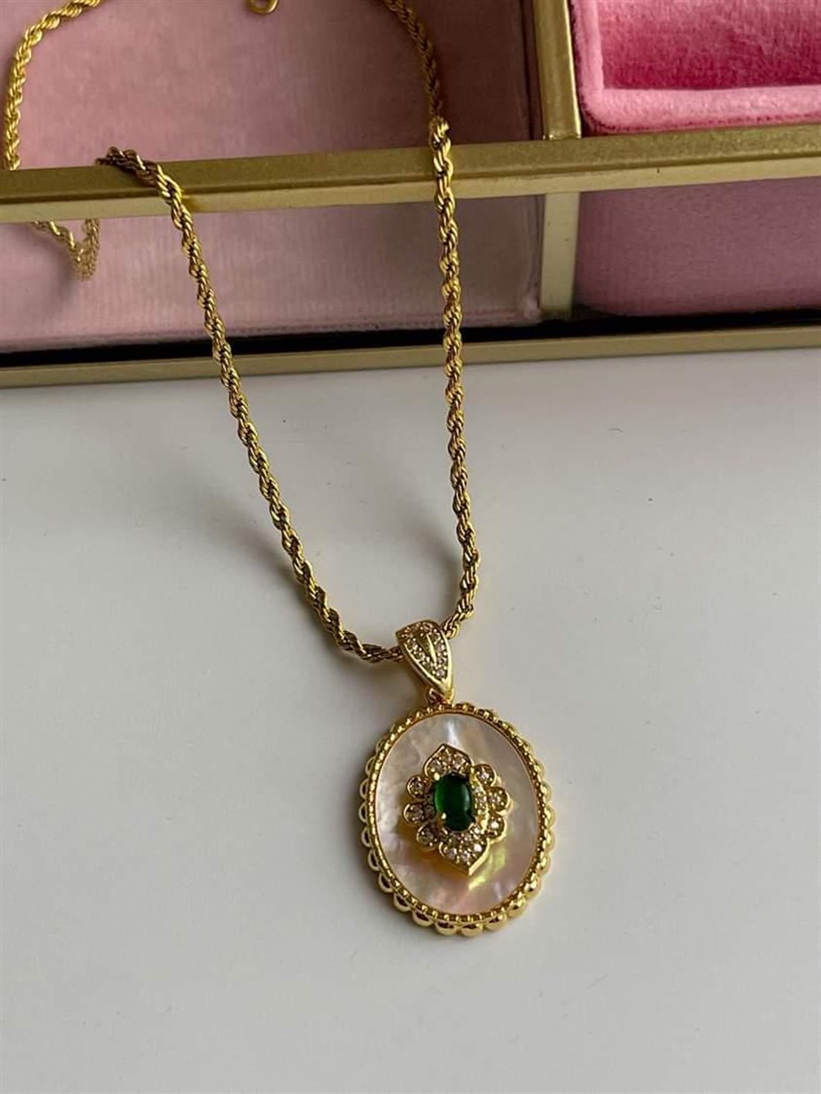 Çelik Vintage Burgu Halat Yeşil Taşlı Kolye (48 Cm)