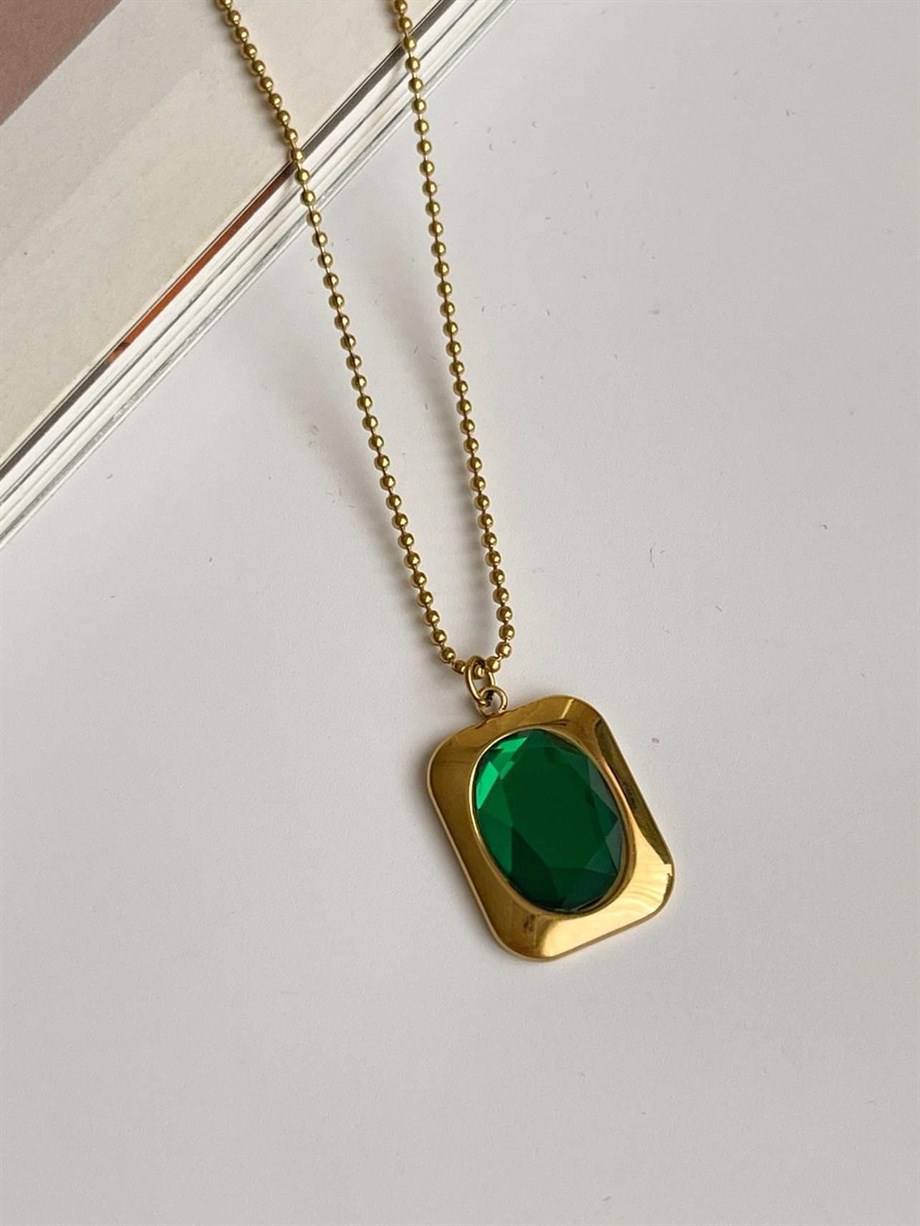 Çelik Yeşil Taşlı Kolye (46 Cm)
