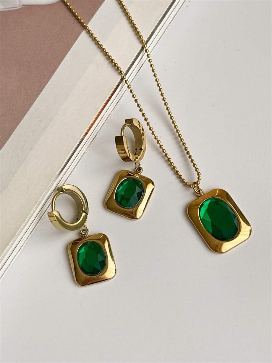 Çelik Yeşil Taşlı Küpe (3 Cm)