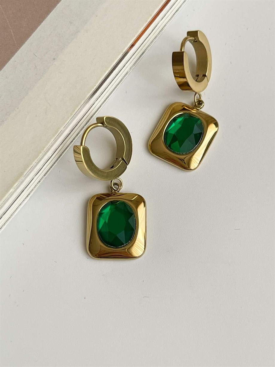 Çelik Yeşil Taşlı Küpe (3 Cm)