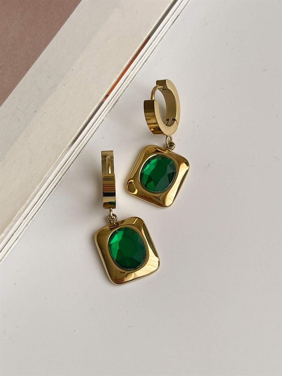 Çelik Yeşil Taşlı Küpe (3 Cm)