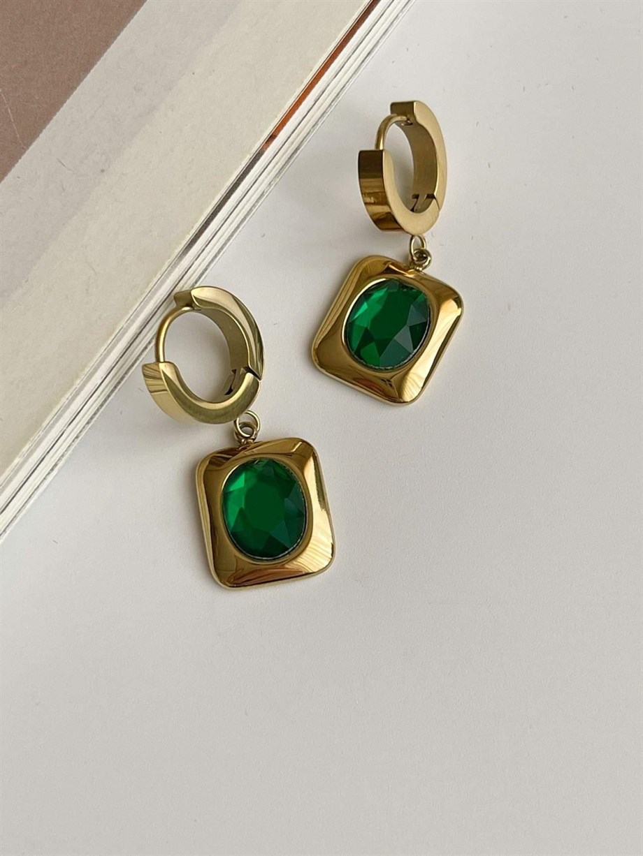 Çelik Yeşil Taşlı Küpe (3 Cm)