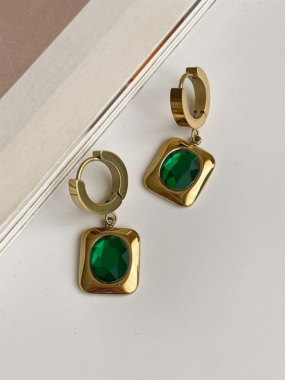 Çelik Yeşil Taşlı Küpe (3 Cm)