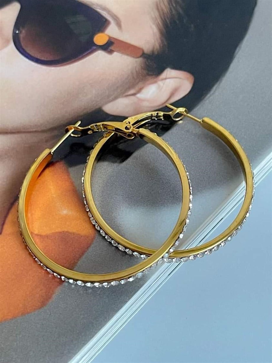 Çelik Zirkon Taşlı Büyük Halka Küpe (4 Cm)