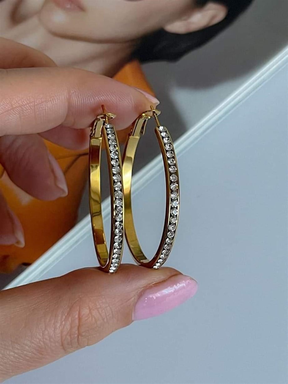 Çelik Zirkon Taşlı Büyük Halka Küpe (4 Cm)