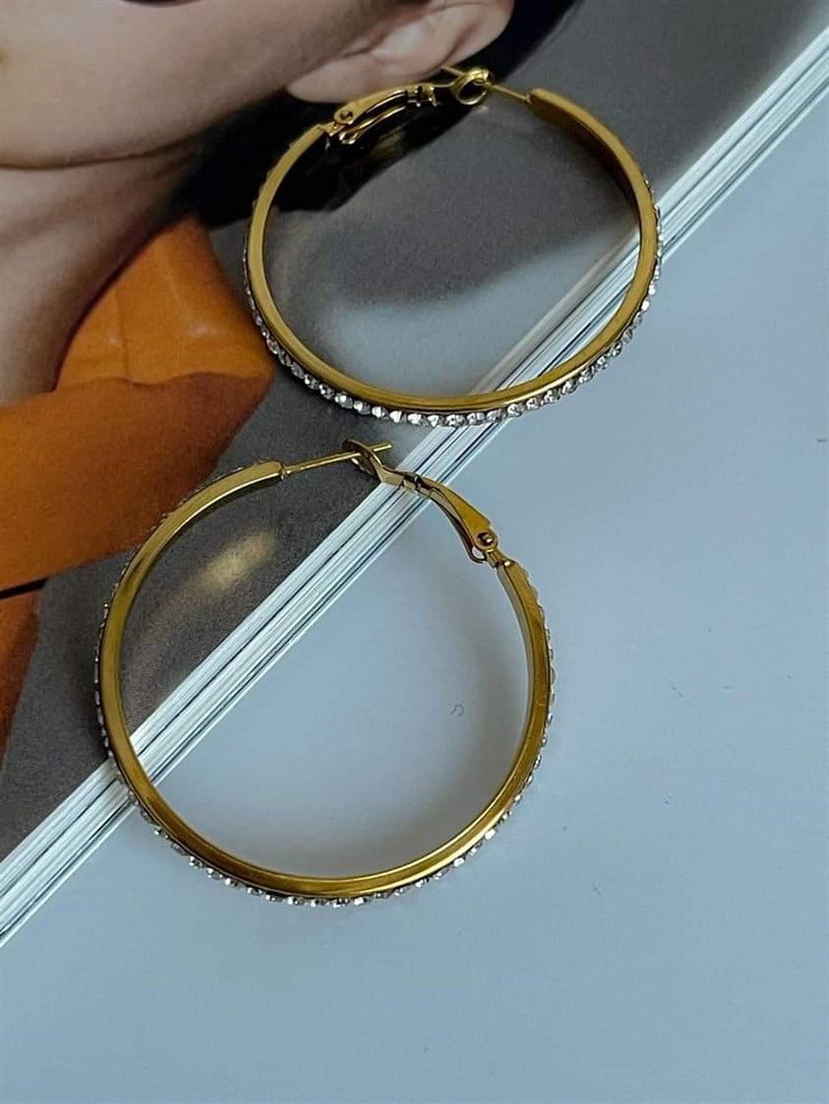 Çelik Zirkon Taşlı Büyük Halka Küpe (4 Cm)