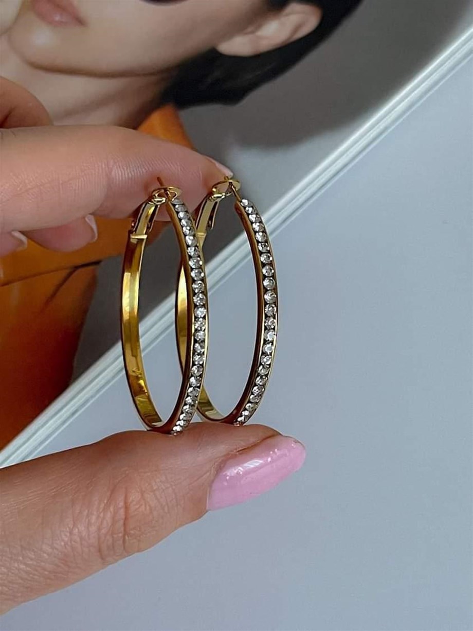 Çelik Zirkon Taşlı Büyük Halka Küpe (4 Cm)