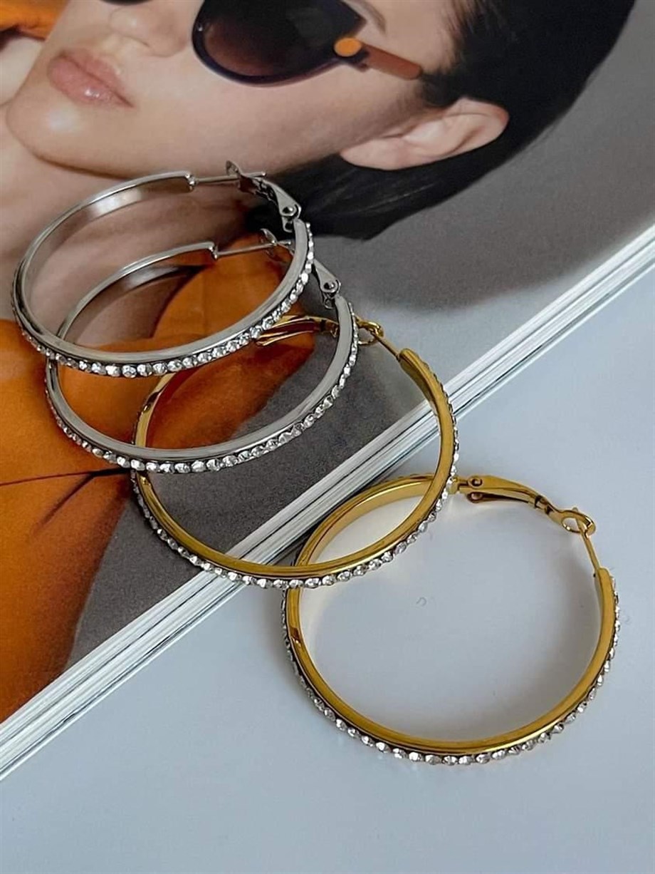 Çelik Zirkon Taşlı Büyük Halka Küpe (4 Cm)