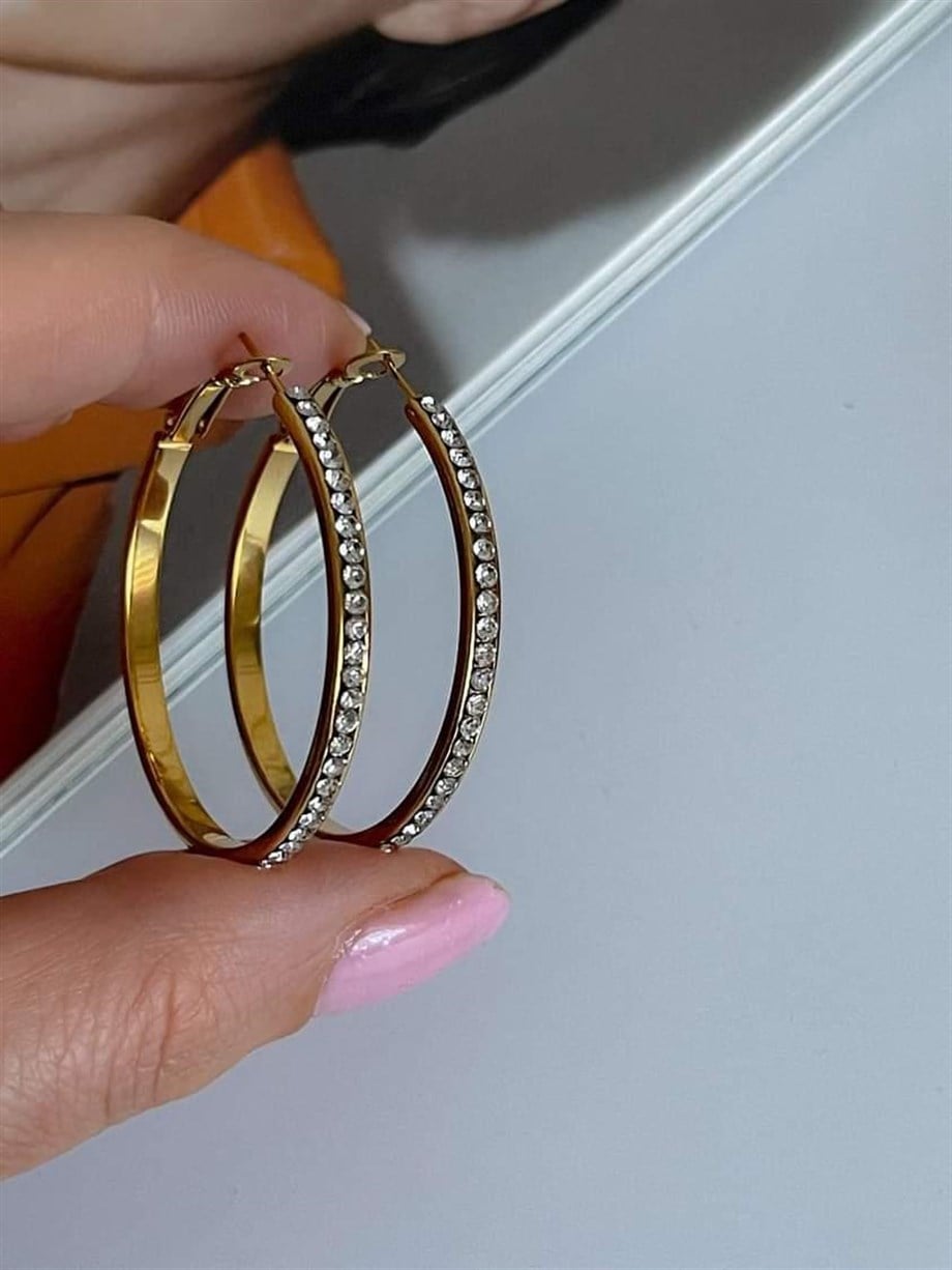 Çelik Zirkon Taşlı Büyük Halka Küpe (4 Cm)