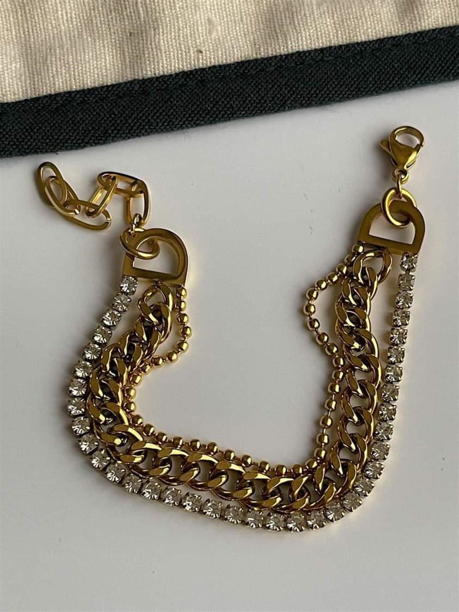 Çelik Zirkon Taşlı Topçuklu Üçlü Birleşik Kombin Bileklik (21 Cm)