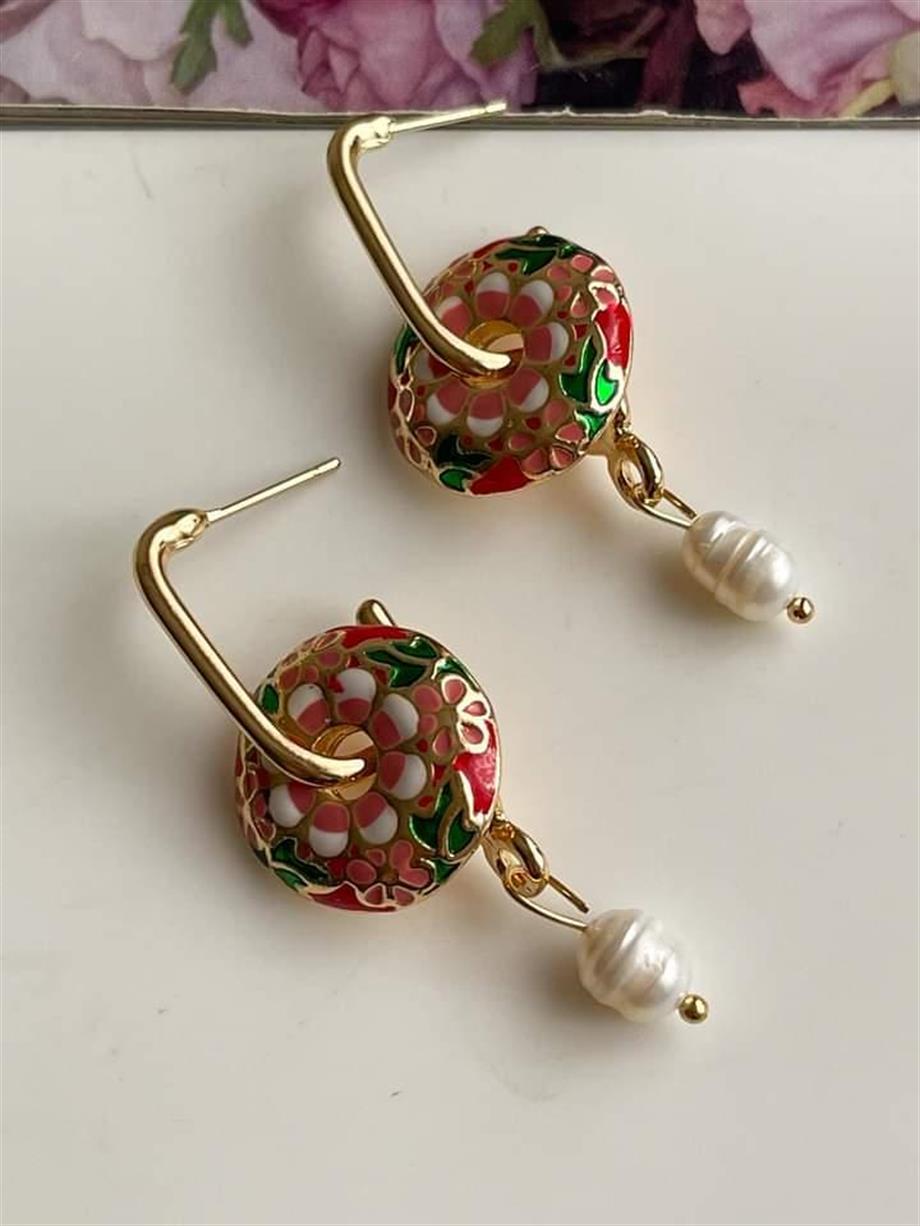 Fuşya Mineli İncili Küpe (4.5 Cm)