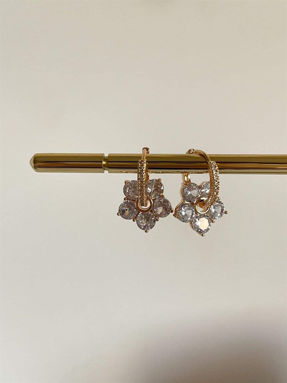 Gold Baget Taşlı Çiçek Küpe (2 Cm)
