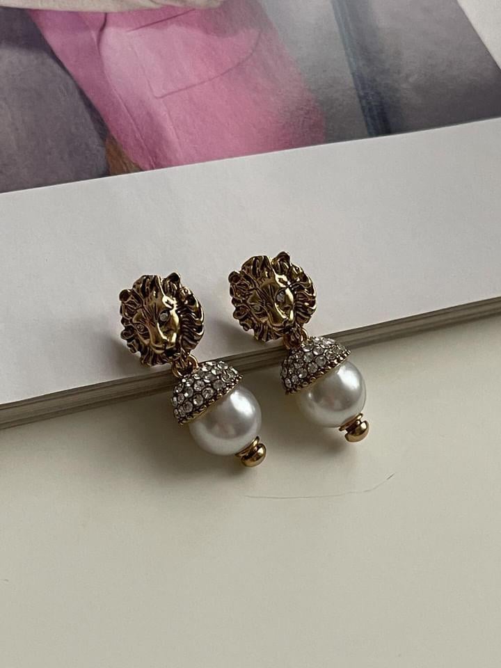 Gold İncili Aslanlı Küpe (3.30 Cm)