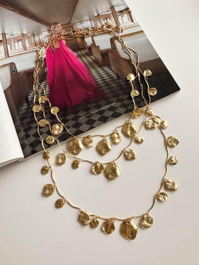 Gold Pullu Üçlü Birleşik Olmayan Uzun Kolye (73 Cm)