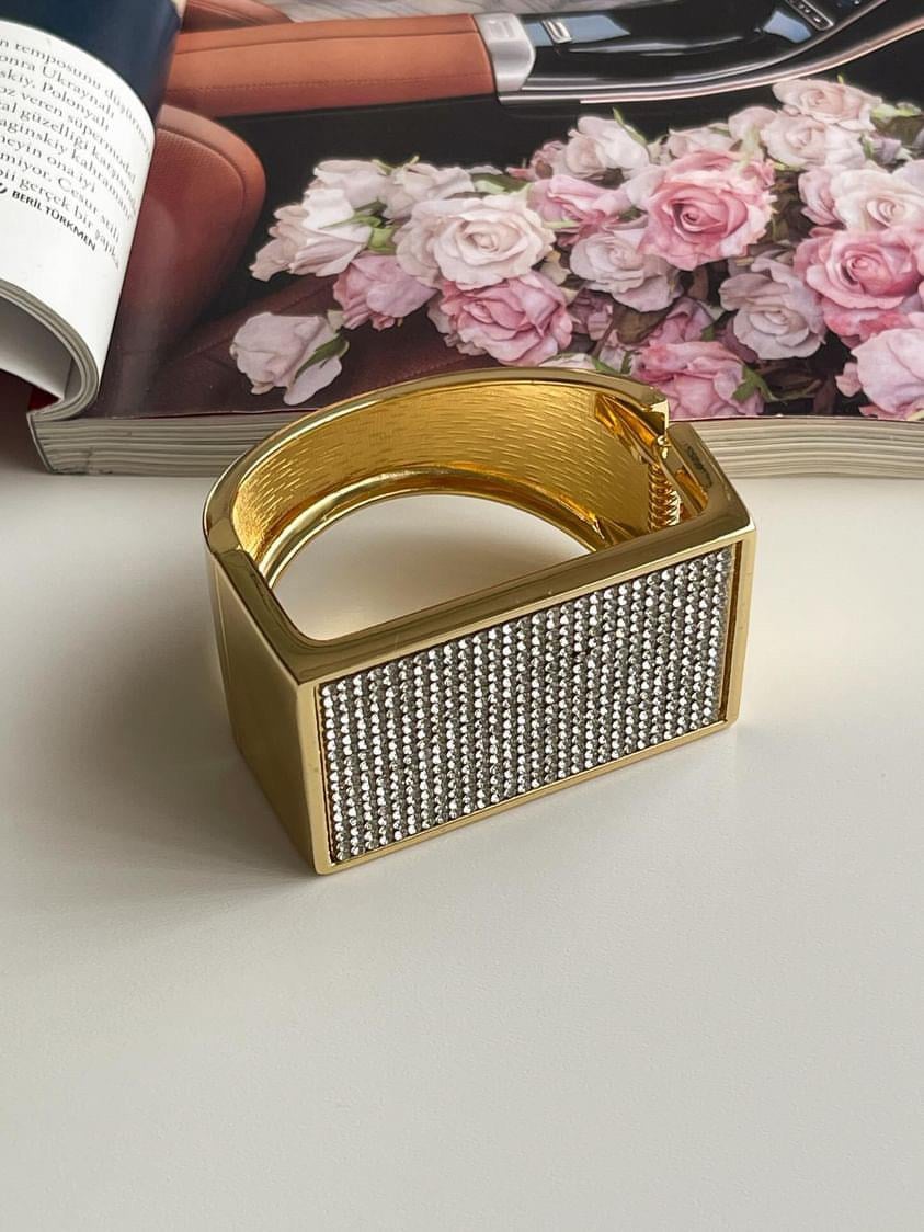 Gold Zirkon Taşlı Kare Kelepçe Bileklik 