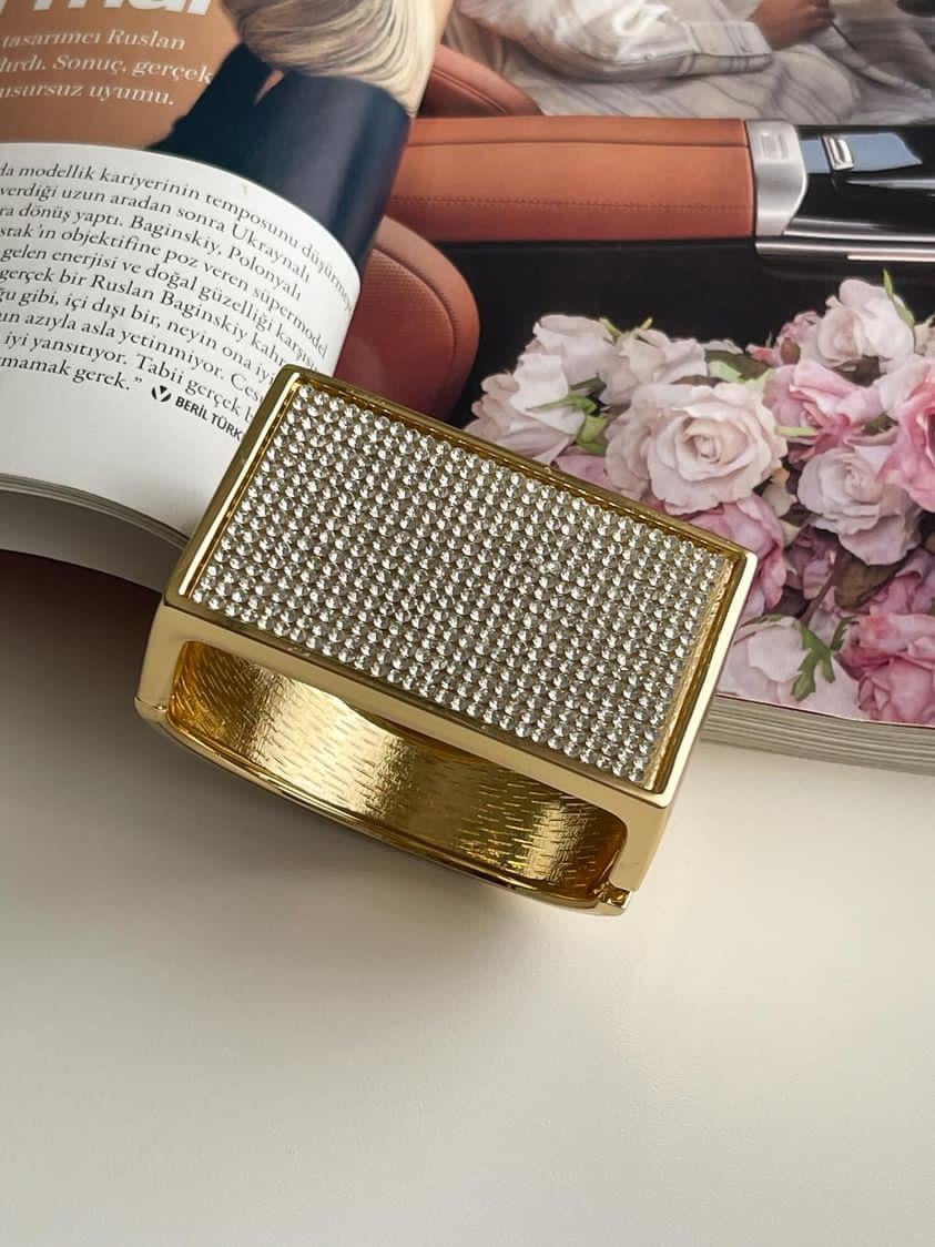 Gold Zirkon Taşlı Kare Kelepçe Bileklik 
