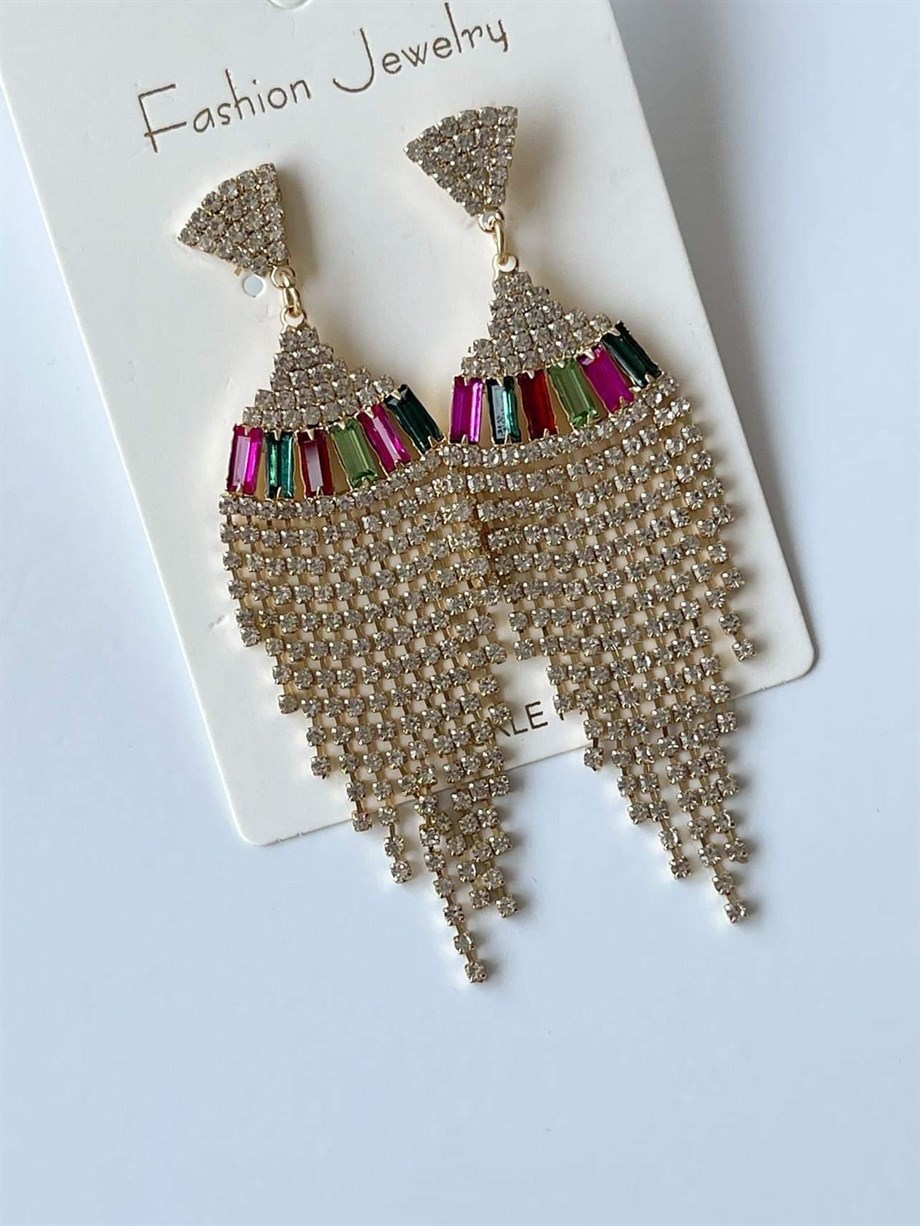 İthal Fuşya Yeşil Taşlı Sallantılı Küpe (8.5 Cm)
