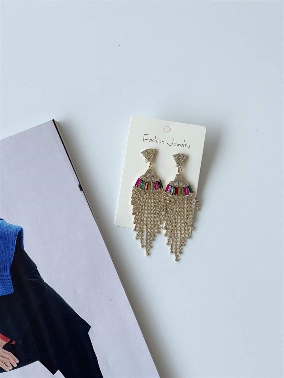 İthal Fuşya Yeşil Taşlı Sallantılı Küpe (8.5 Cm)