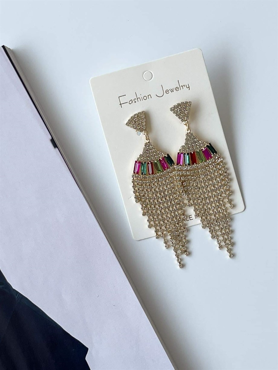 İthal Fuşya Yeşil Taşlı Sallantılı Küpe (8.5 Cm)