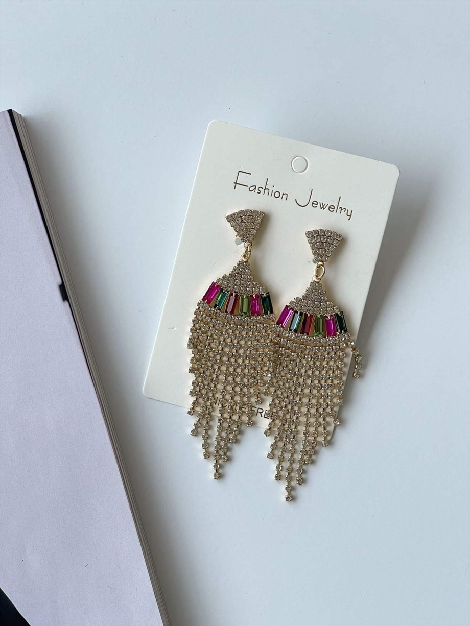 İthal Fuşya Yeşil Taşlı Sallantılı Küpe (8.5 Cm)