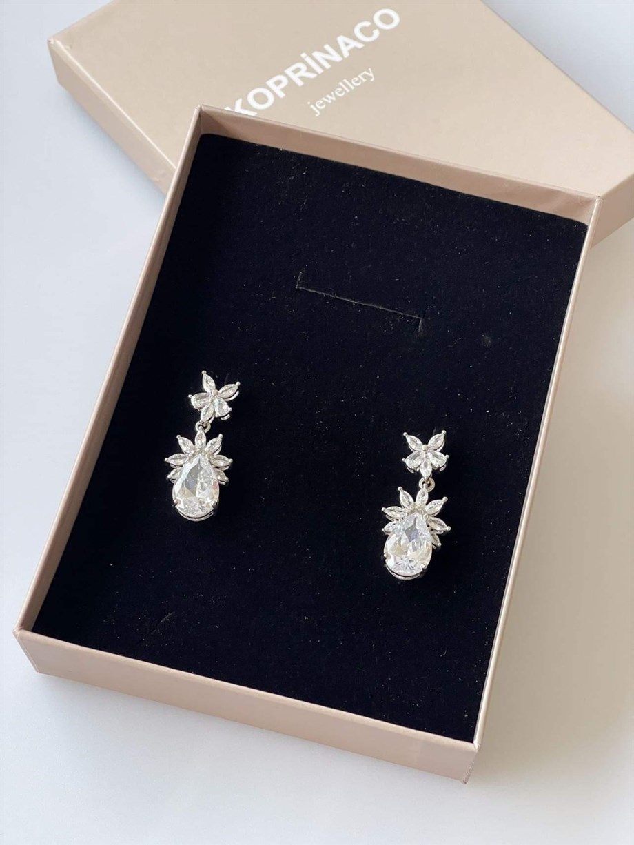 İthal Gümüş Renk Baget Taşlı Vıp Küpe (3.5 Cm)