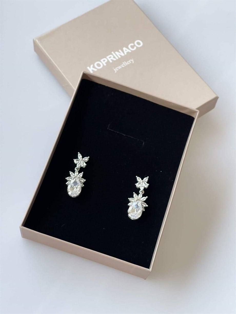 İthal Gümüş Renk Baget Taşlı Vıp Küpe (3.5 Cm)