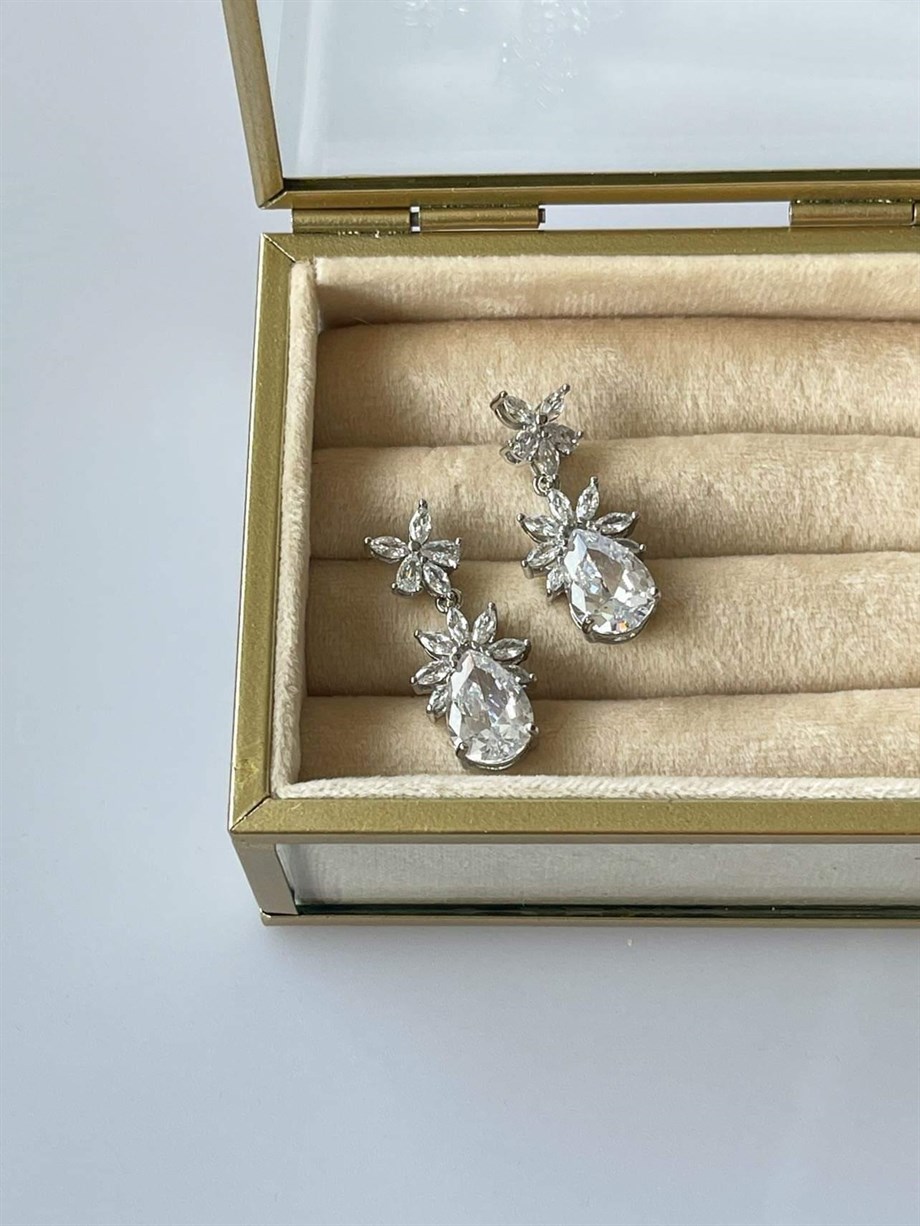 İthal Gümüş Renk Baget Taşlı Vıp Küpe (3.5 Cm)