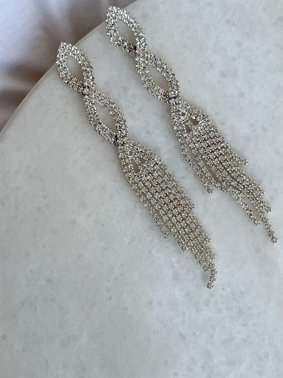 İthal Gümüş Renk Taşlı Uzun Küpe (10 Cm)