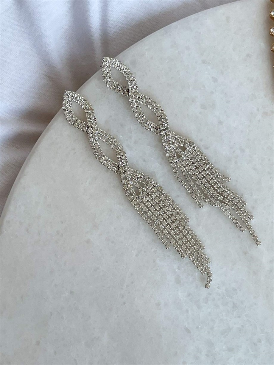 İthal Gümüş Renk Taşlı Uzun Küpe (10 Cm)